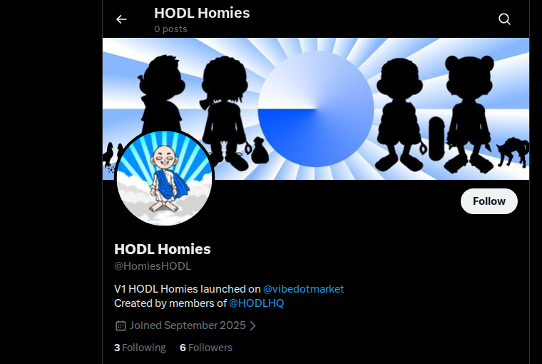 Homies HODL X profile snapshot from header through bio