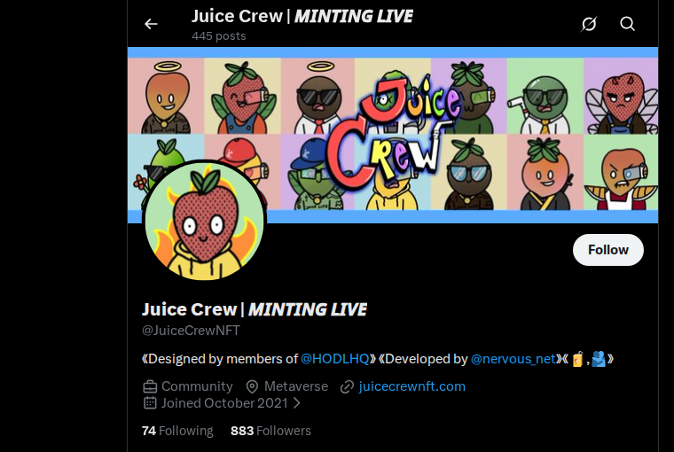 Juice Crew X profile snapshot from header through bio