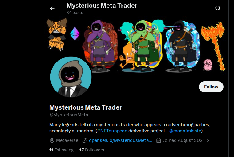 Mysterious Meta X profile snapshot from header through bio